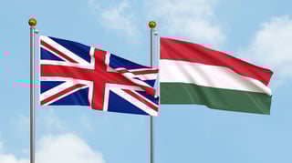 UK and Hungary flags waving together