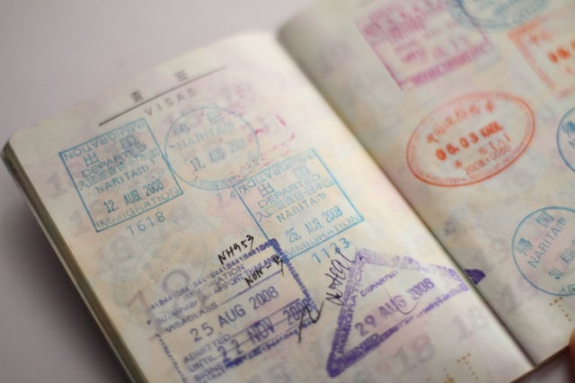 Open passport with multiple entry stamps