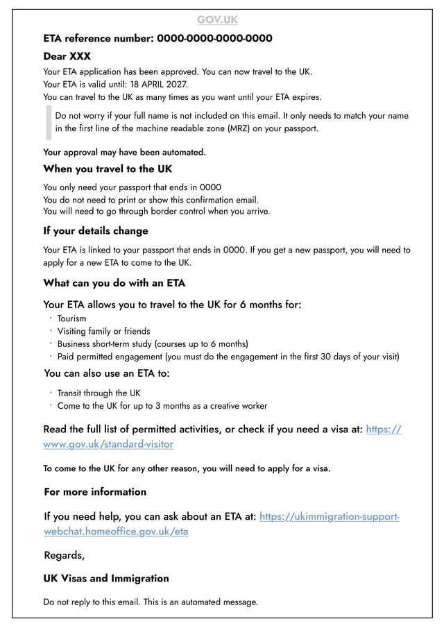 Sample Of Approved UK eTA