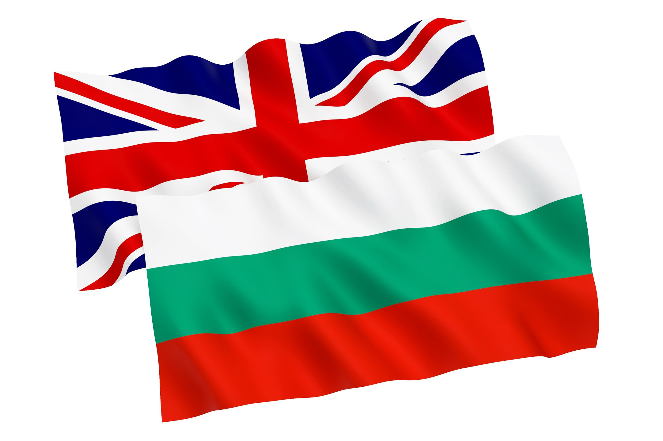UK and Bulgaria flags waving together