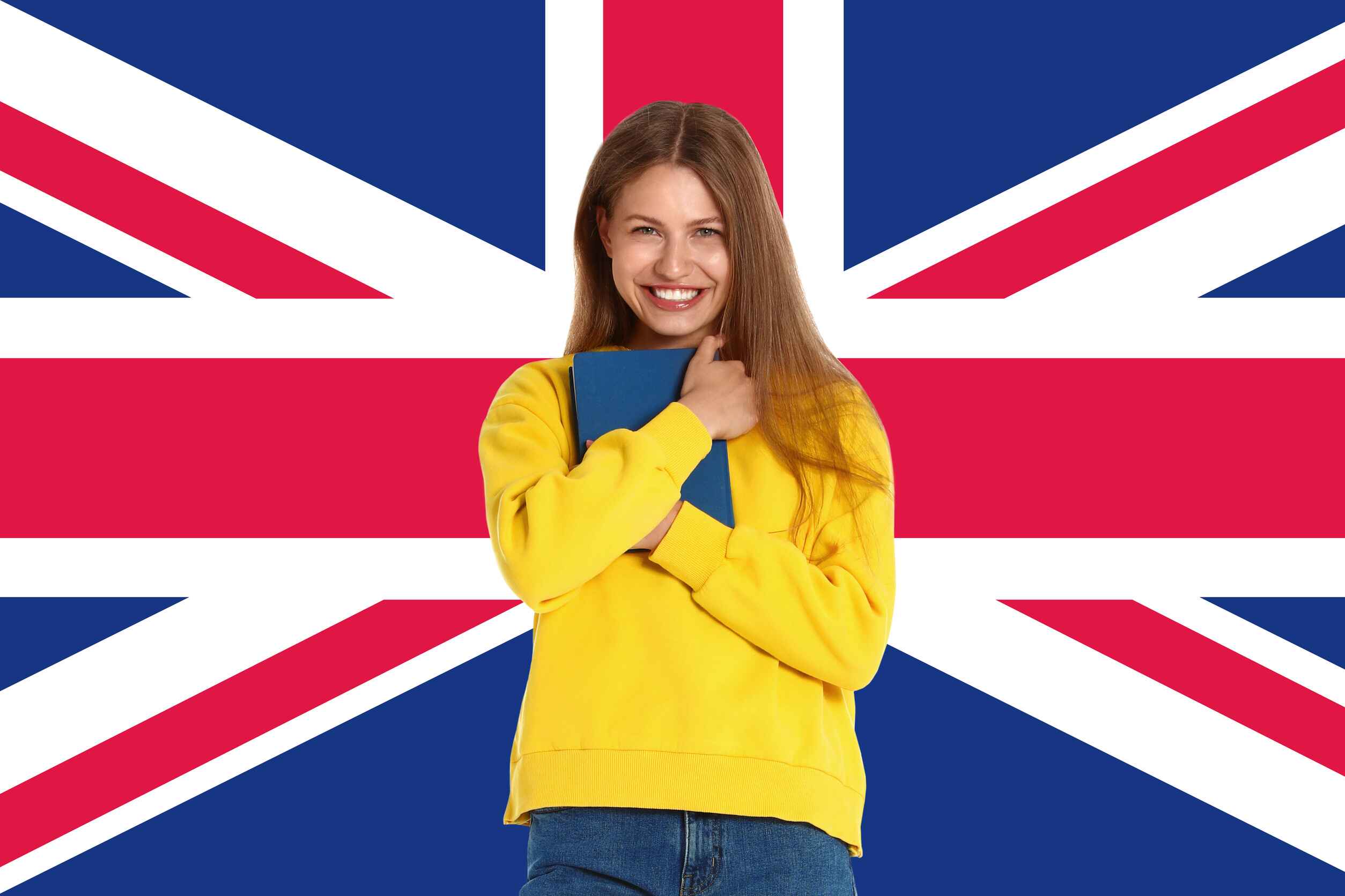 Young Woman With Book And Flag Of Great Britain